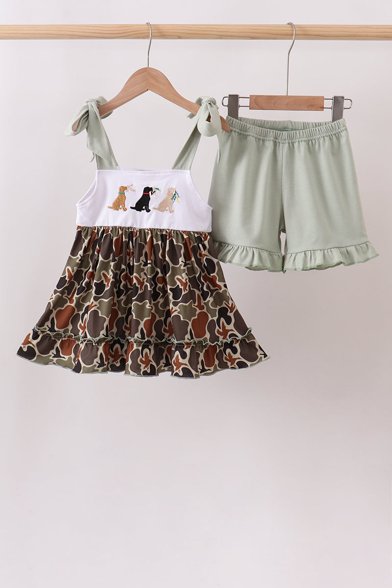 Camo Hunting Embroidered Ruffle Shorts Set