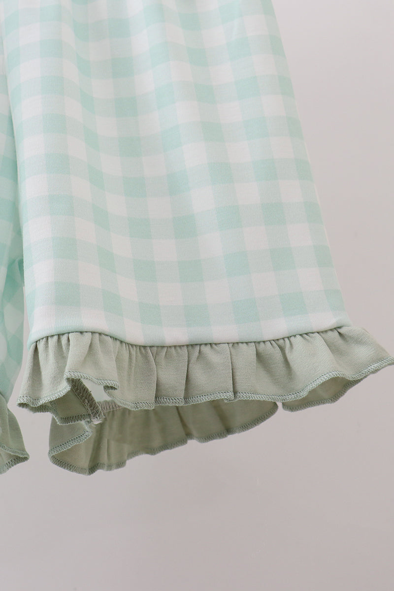 Green football french knot gingham ruffle shorts set