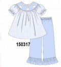 Blue ghost embroidery gingham ruffle pants set