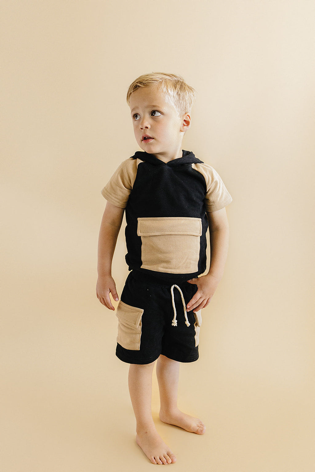 Terry Cargo Shorts Set | Black & Tan
