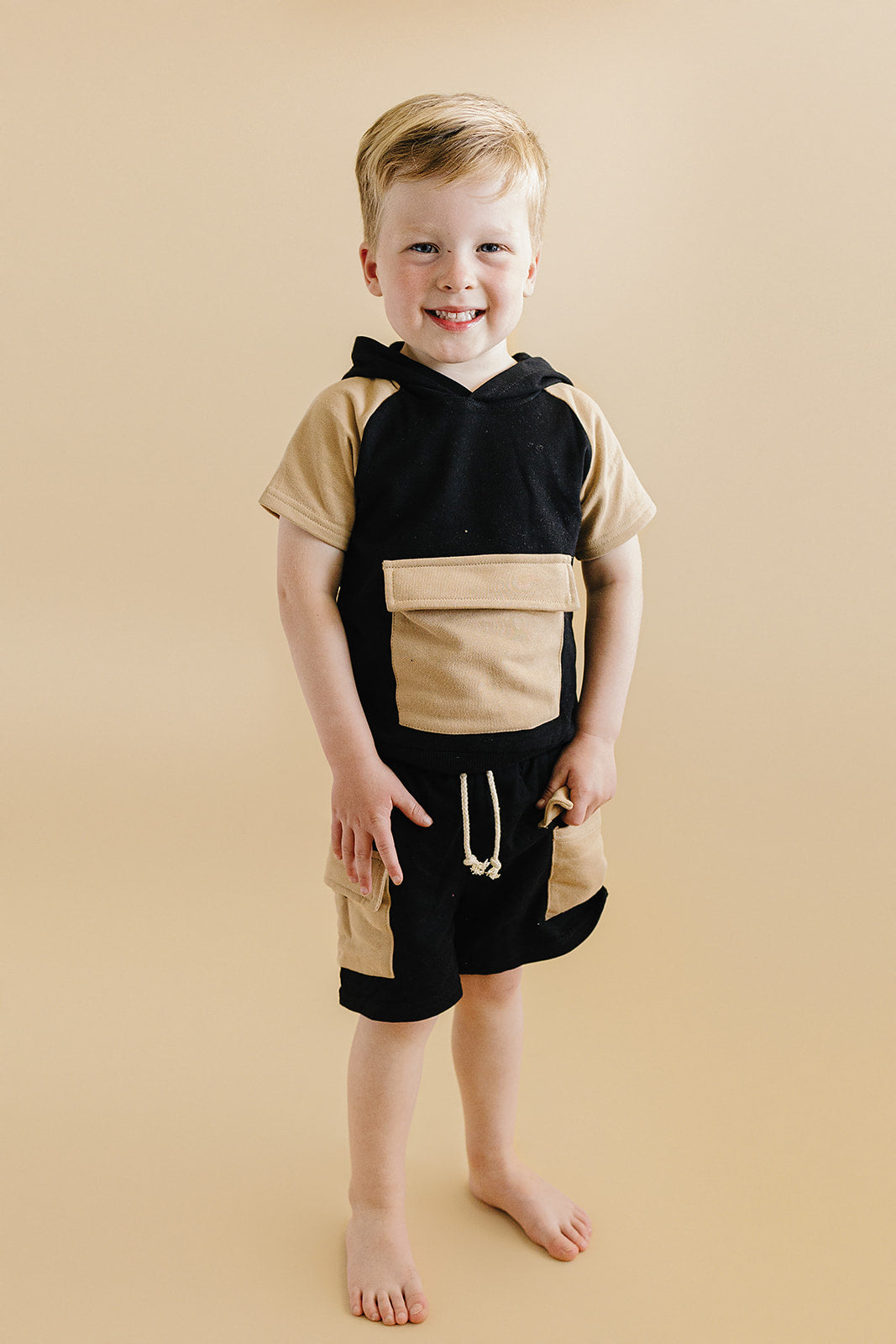 Terry Cargo Shorts Set | Black & Tan