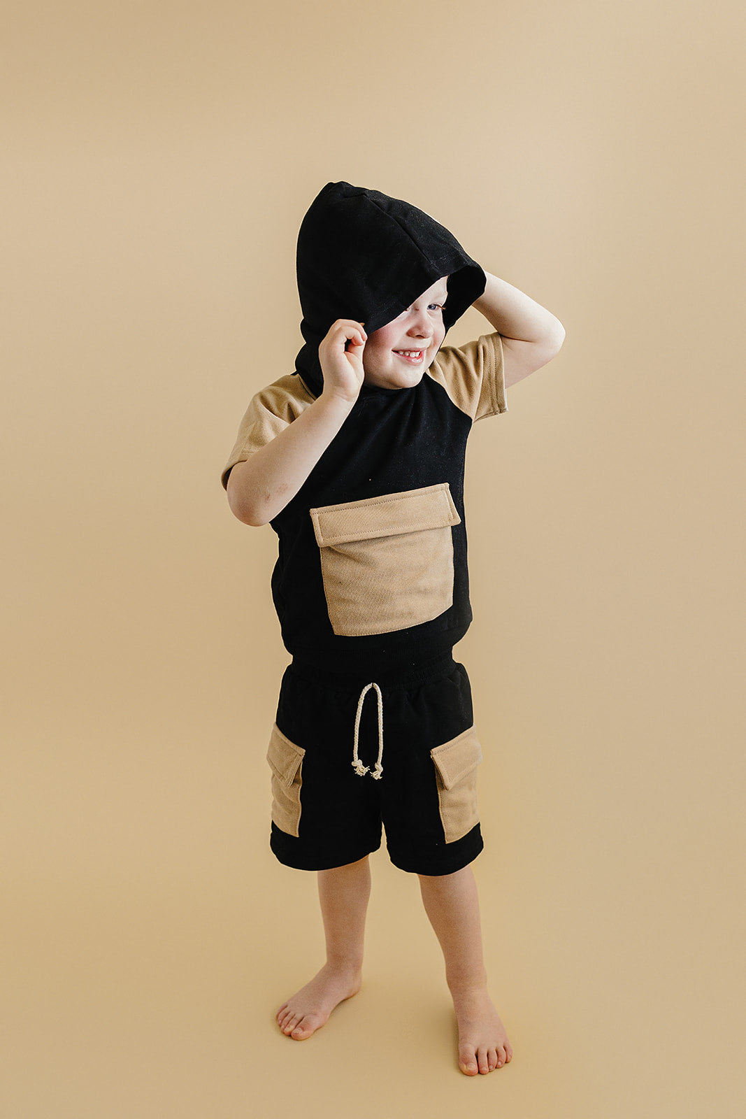 Terry Cargo Shorts Set | Black & Tan