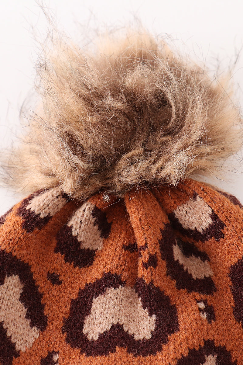 Brown pompom leopard cable beanie hat