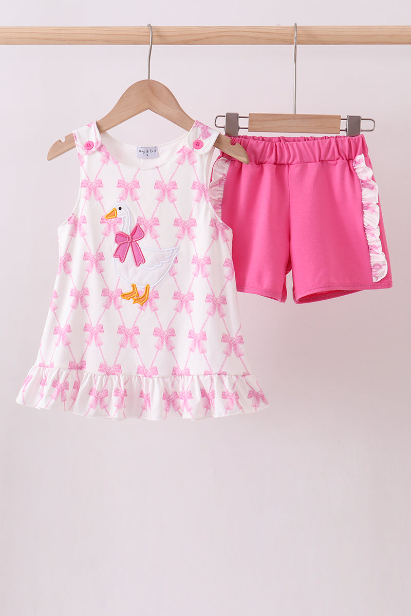 Pink bow goose applique ruffle shorts set