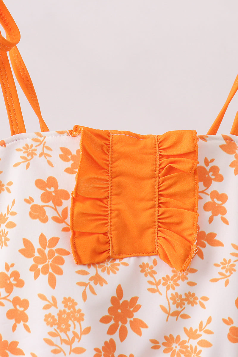 Orange Floral Print Ruffle Swimsuit