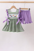 Purple witch embroidery stripe ruffle shorts set