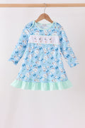 Blue goose bow embroidery ruffle dress