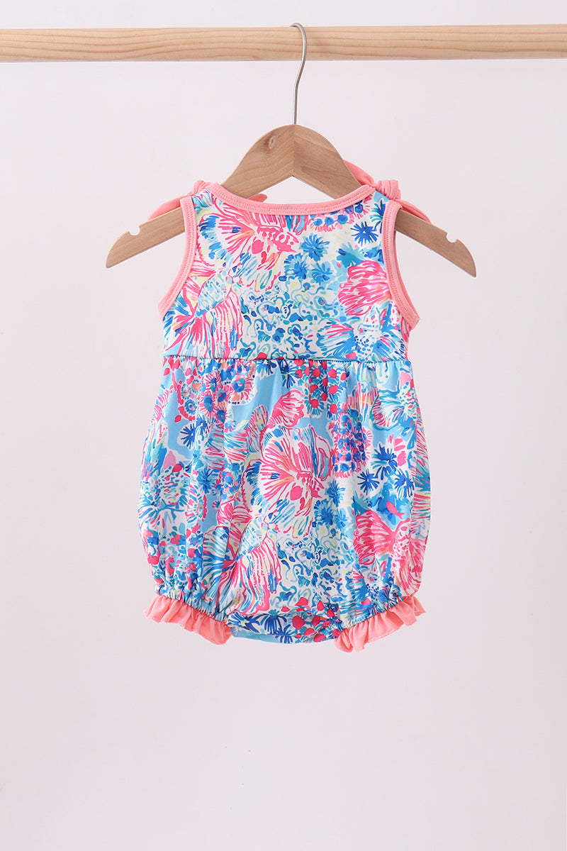 Pink Tropical Floral Print Ruffle Bow Bubble